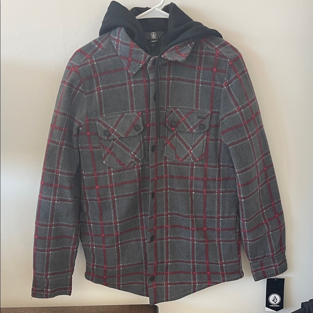 Volcom Men's Plaid Hooded Jacket in Gray and Red